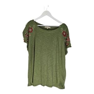 Vintage Rose Green Peek-a-boo Shoulder Blouse with Embroidered Flowers 1X NWT